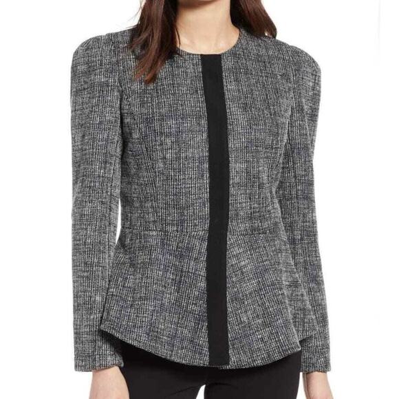 HALOGEN x NORDSTROM | Tweed Peplum Jacket Snap Front Blazer Black White | Large - Picture 1 of 7